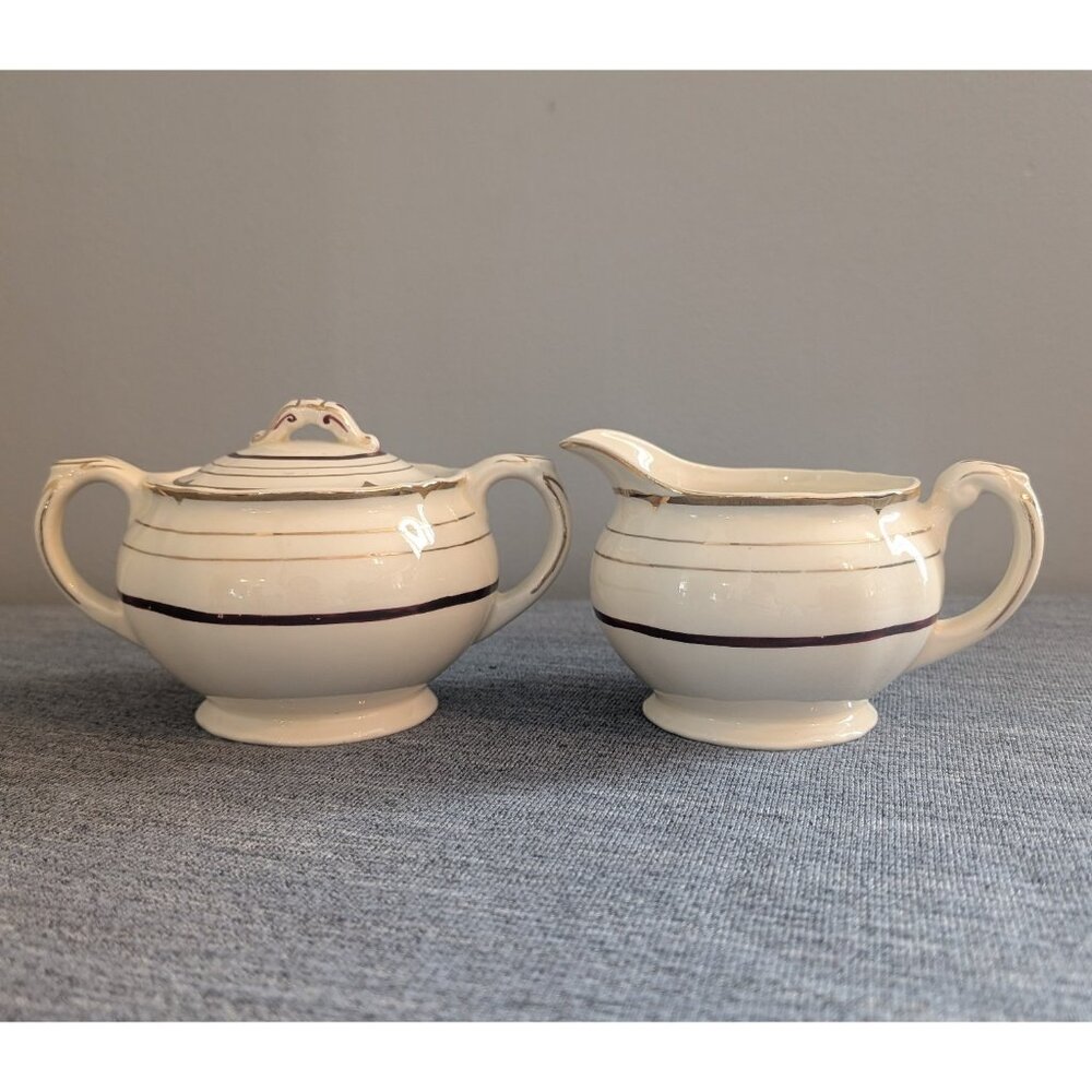 Grindley "Creampetal" Cream and Sugar Bowl Set with Lid, Gold Trim & Bro…